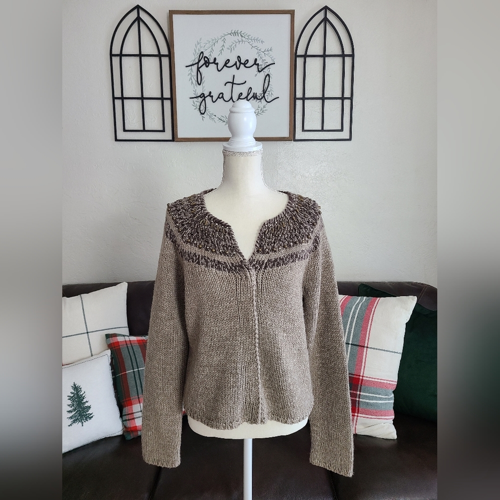 J.Jill‎ Brown Embellished Neckline Cardigan Sweater Women's Size L Acrylic Wool